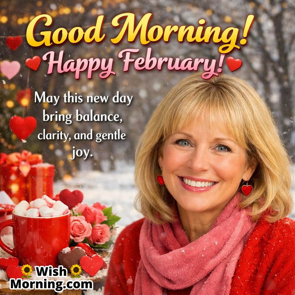 Good Morning February Day Wish featuring a smiling woman beside warm drinks, flowers, and gifts in a winter setting, representing balance, clarity, and gentle joy.