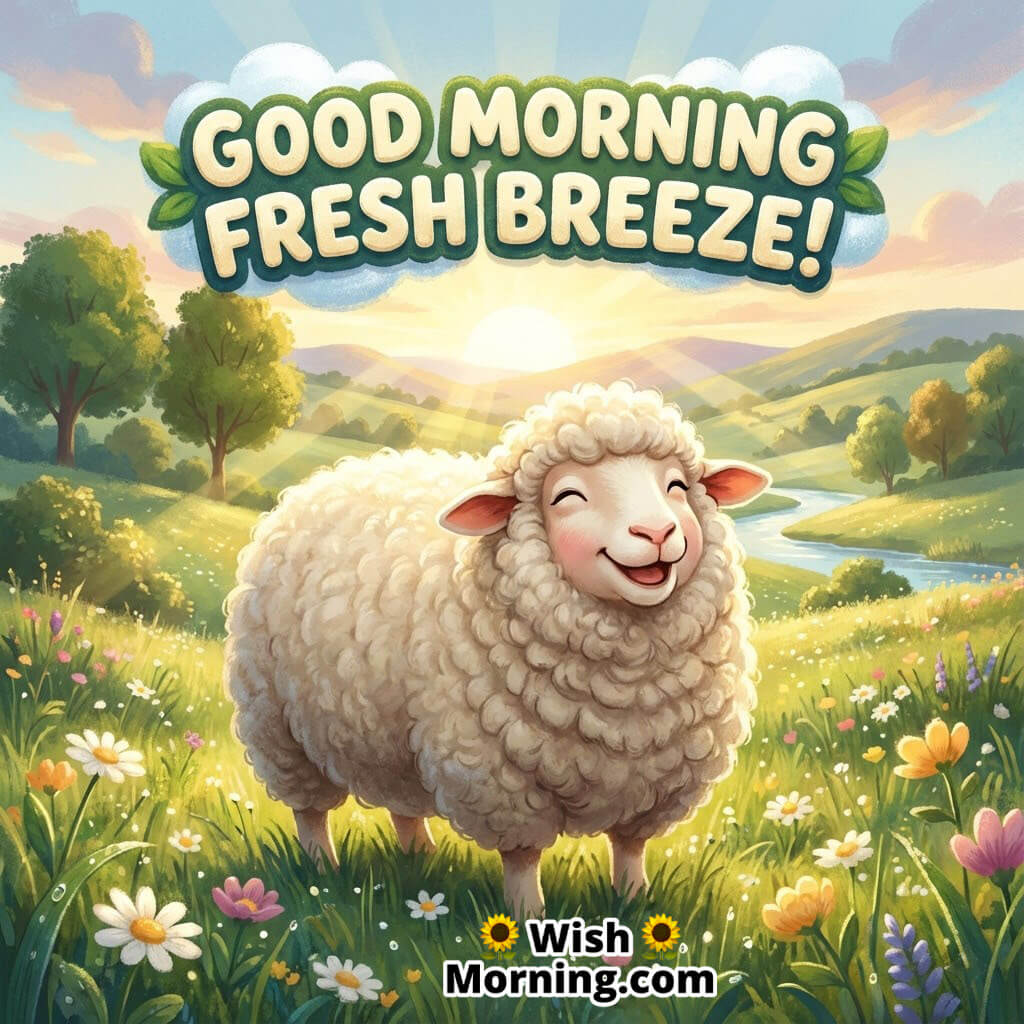 Good Morning Fresh Breeze featuring a fluffy sheep standing in a bright meadow, symbolizing calm and purity.