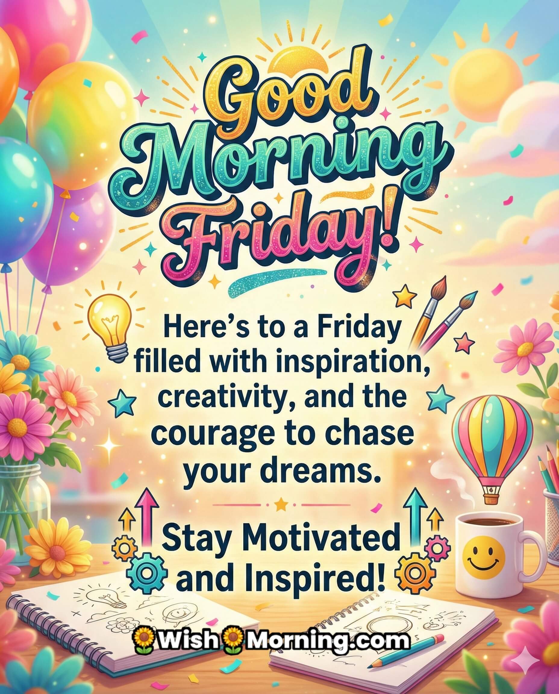 Good Morning Friday Message Image for Inspiration and Creativity, featuring balloons, flowers, a sunrise glow, sketchbooks, art brushes, and a smiling coffee mug, symbolising creativity, motivation, and happy Friday energy.