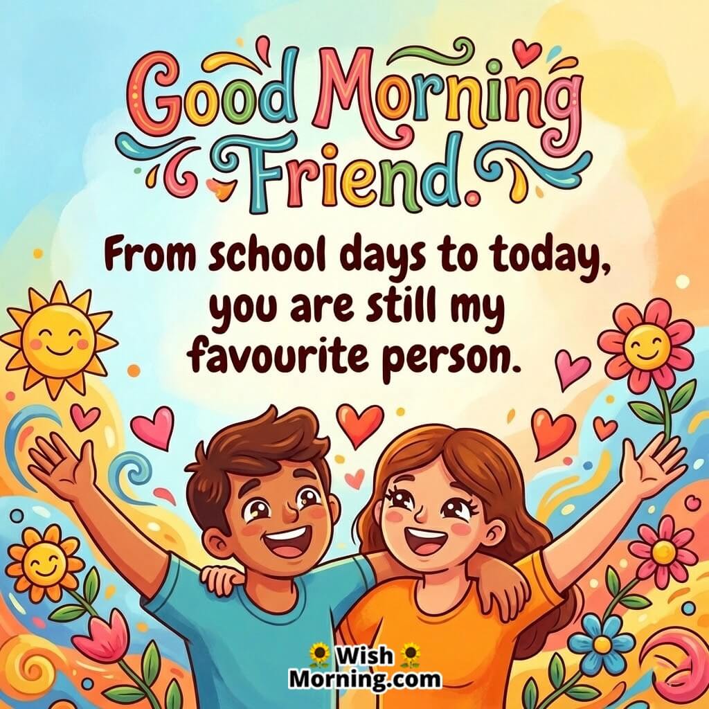 Good Morning Friend image featuring two cheerful friends with raised hands in a bright cartoon style, symbolizing lifelong friendship joy and shared journey.