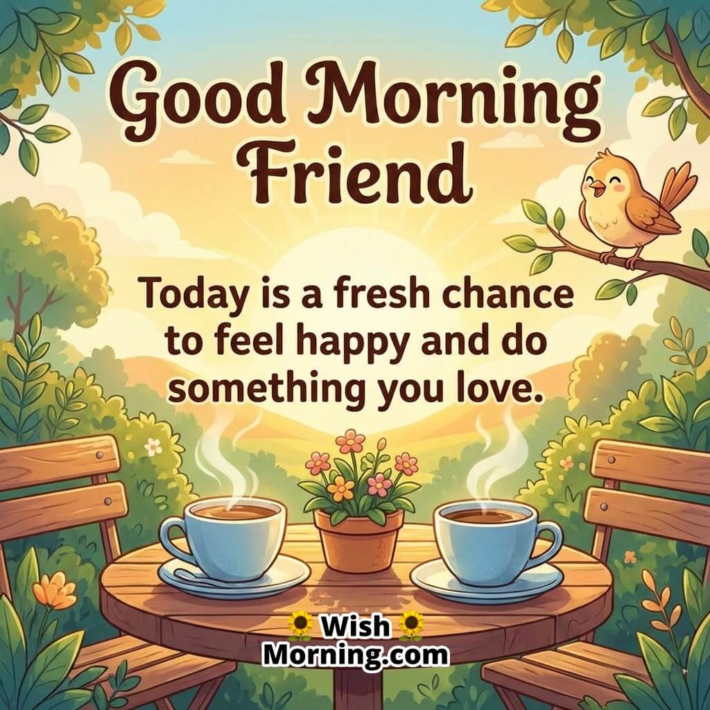 Good Morning Friend image featuring a bird on a branch with two cups of tea on a garden table at sunrise, symbolizing fresh beginnings joy and positivity.