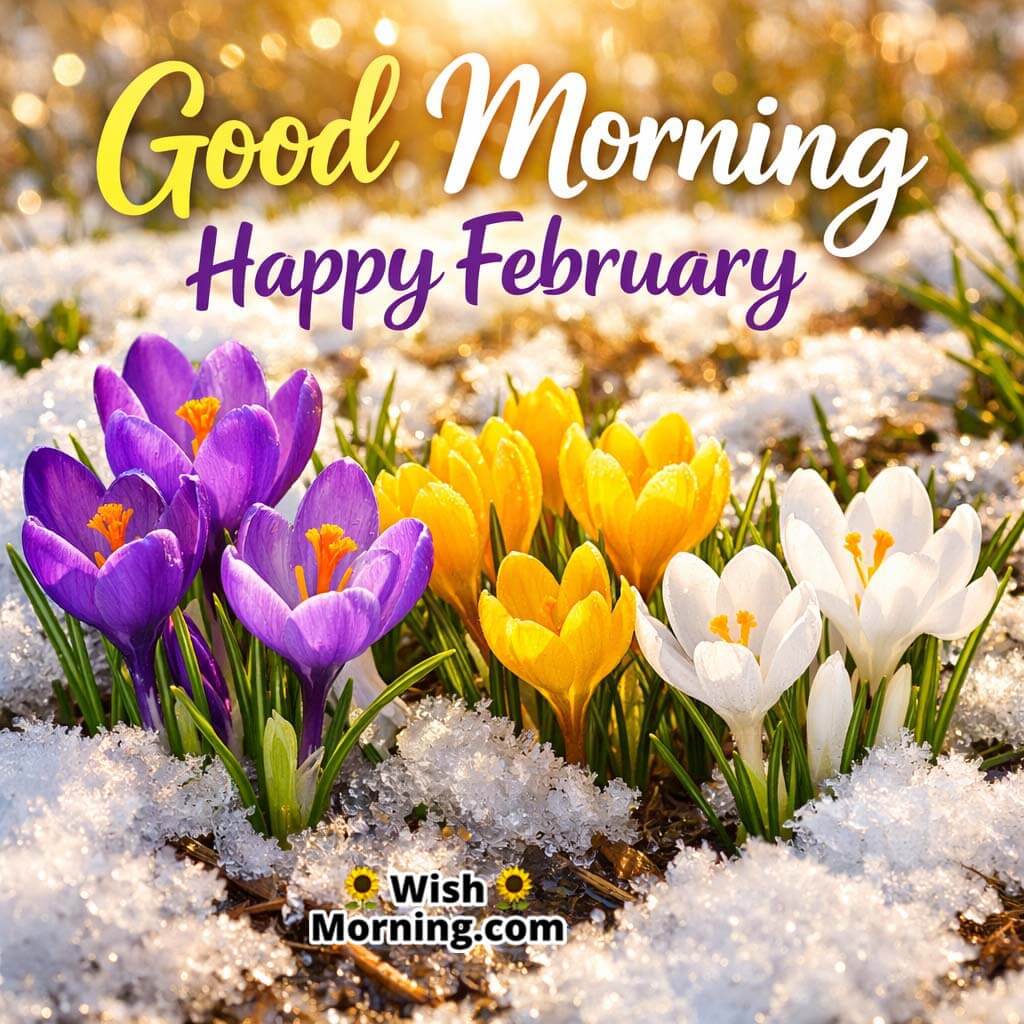Good Morning Happy February image featuring colourful crocus flowers blooming through snow, symbolising fresh beginnings and early spring hope.