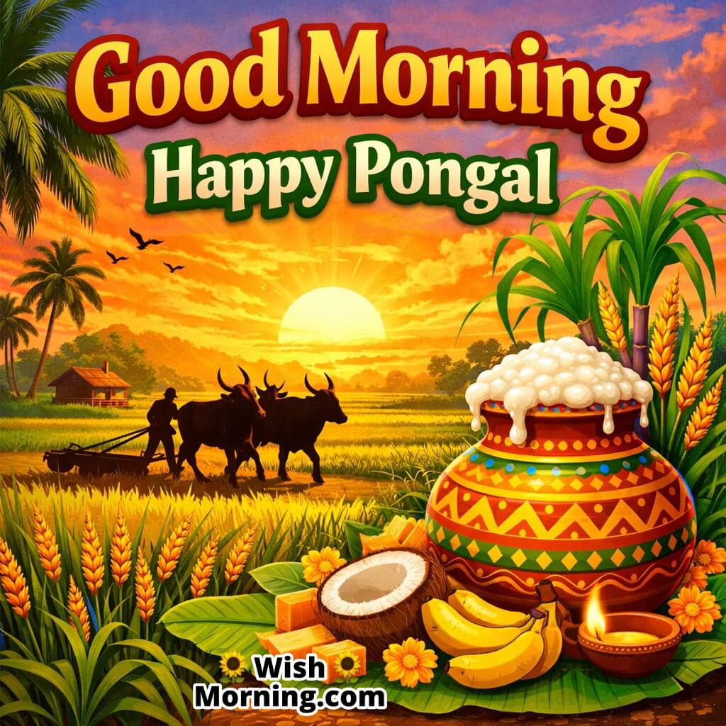 Good Morning Happy Pongal image featuring green harvest fields, rising sun, Pongal pot, and rural elements symbolizing abundance, nature’s blessings, and a joyful morning.