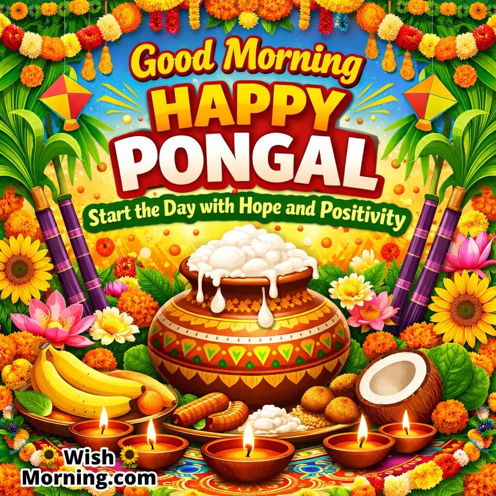 Good Morning Happy Pongal Message image featuring a bright festive Pongal setup with colourful decorations, Pongal pot, sugarcane, and flowers, symbolizing hope, positivity, and joyful celebration.