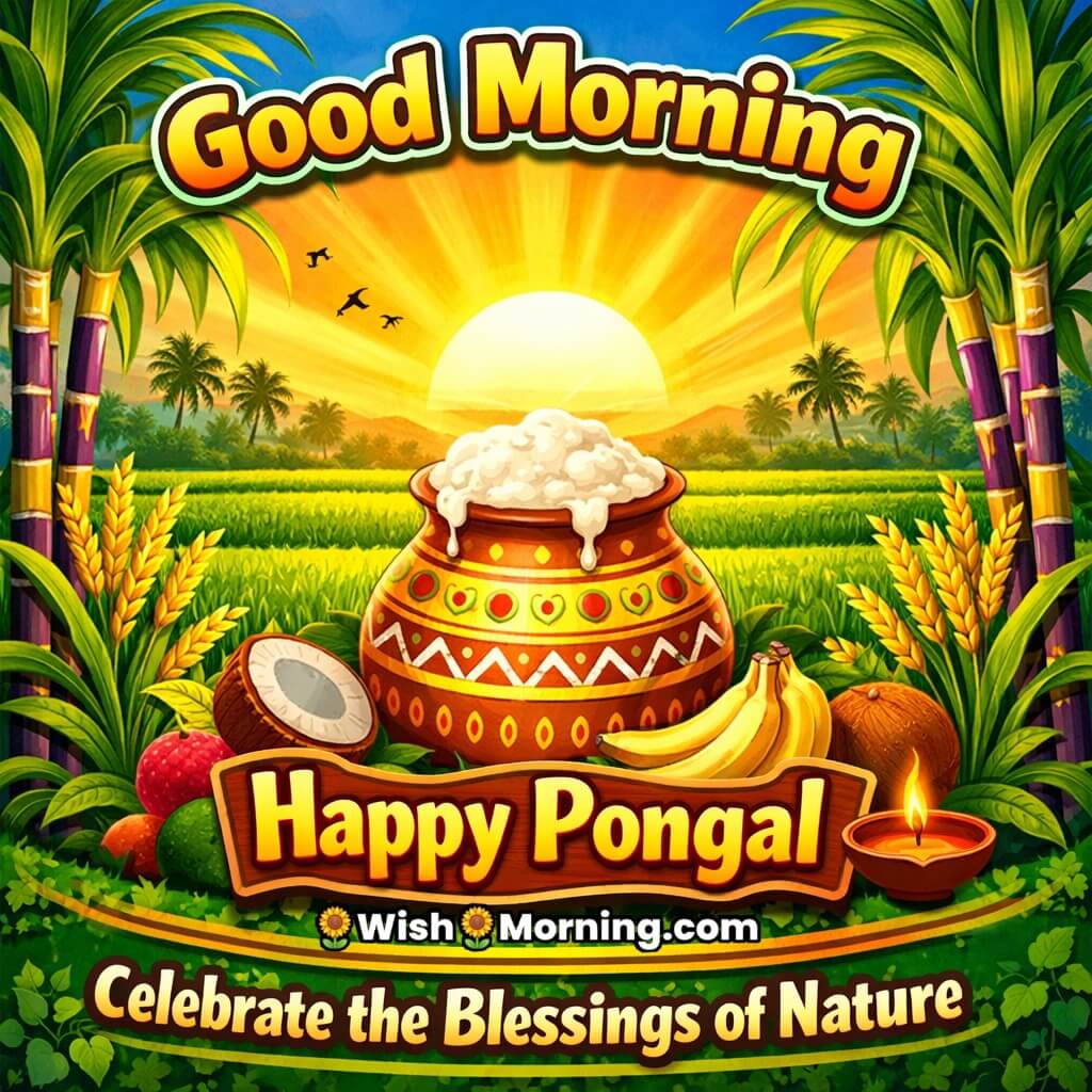 Good Morning Happy Pongal Nature Blessings image featuring green harvest fields, rising sun, sugarcane, and a Pongal pot, symbolizing nature’s blessings, prosperity, and a positive festive morning.