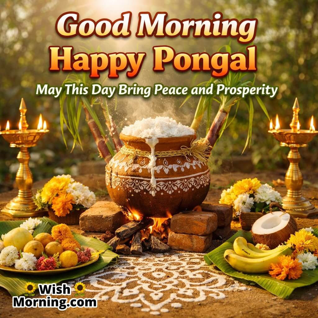 Good Morning Happy Pongal image featuring lamps, kolam design, flowers, banana leaves, and a Pongal pot in soft morning light, symbolizing peace, purity, and prosperity.