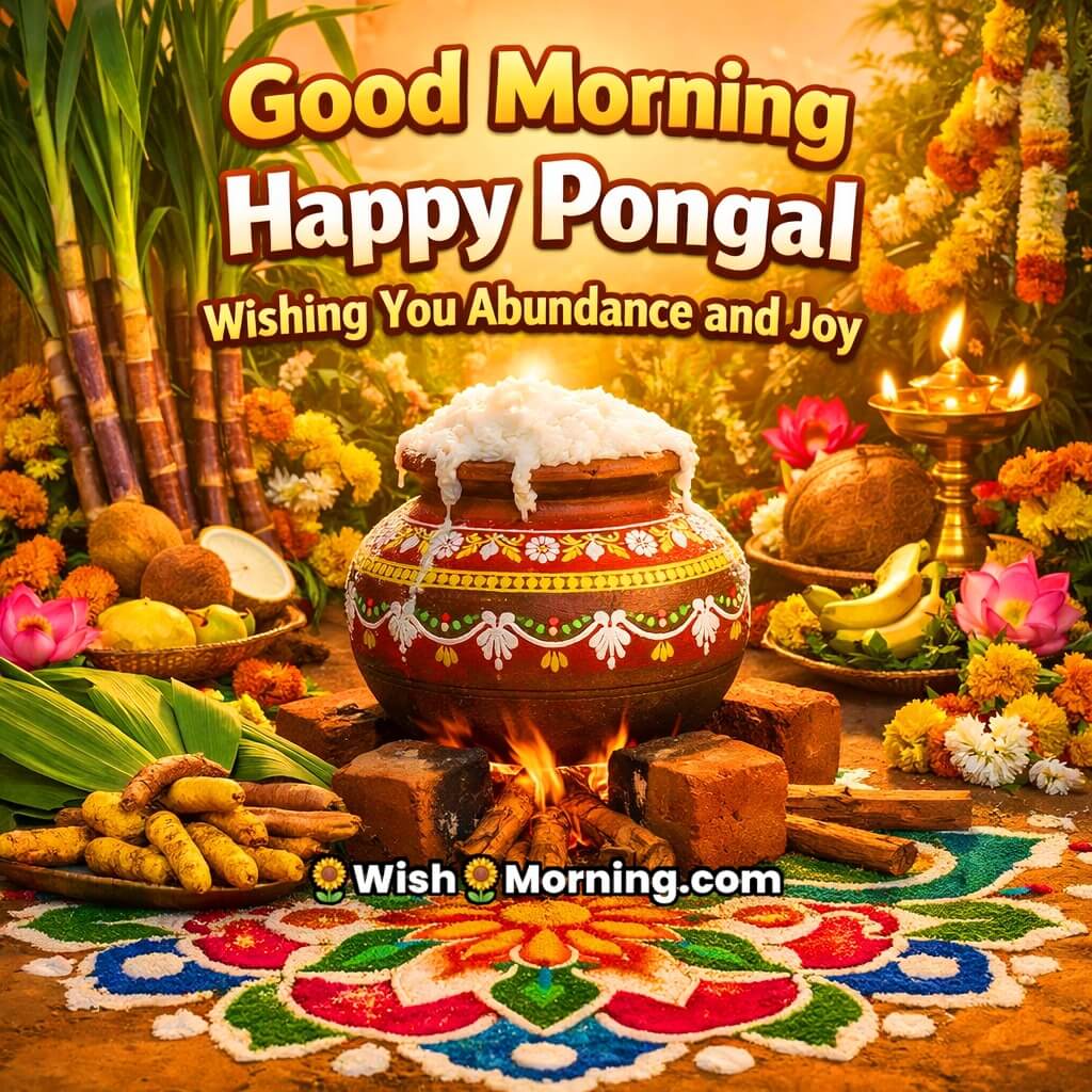 Good Morning Happy Pongal Wish image featuring a traditional Pongal pot, sugarcane, turmeric plant, flowers, and rangoli under warm morning light, symbolizing abundance, joy, and festive gratitude.