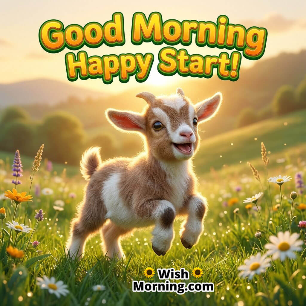 Good Morning Happy Start featuring a baby goat jumping cheerfully on green grass, symbolizing energy and happiness.
