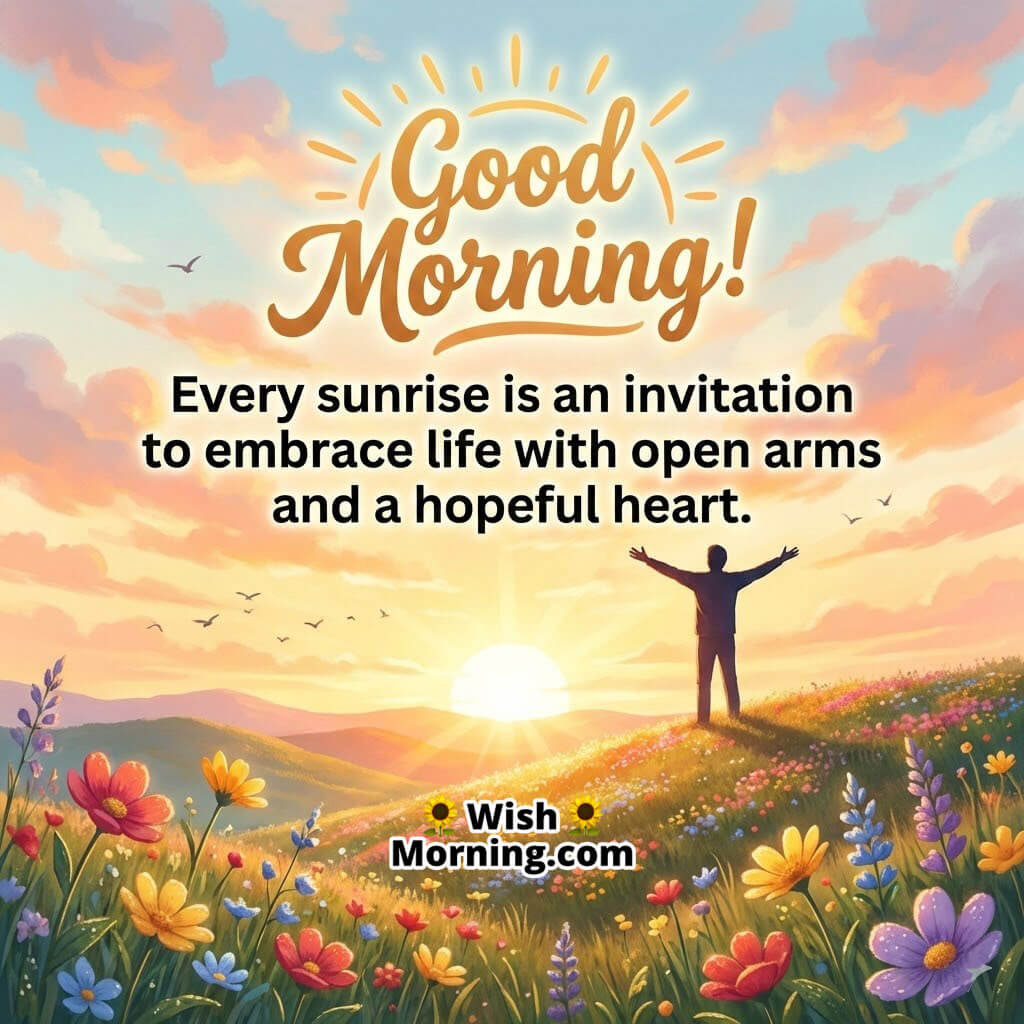 Good Morning Inspirational Sunrise Message image featuring a person standing with open arms on a flower filled hill at sunrise, symbolizing hope gratitude and embracing life with positivity.
