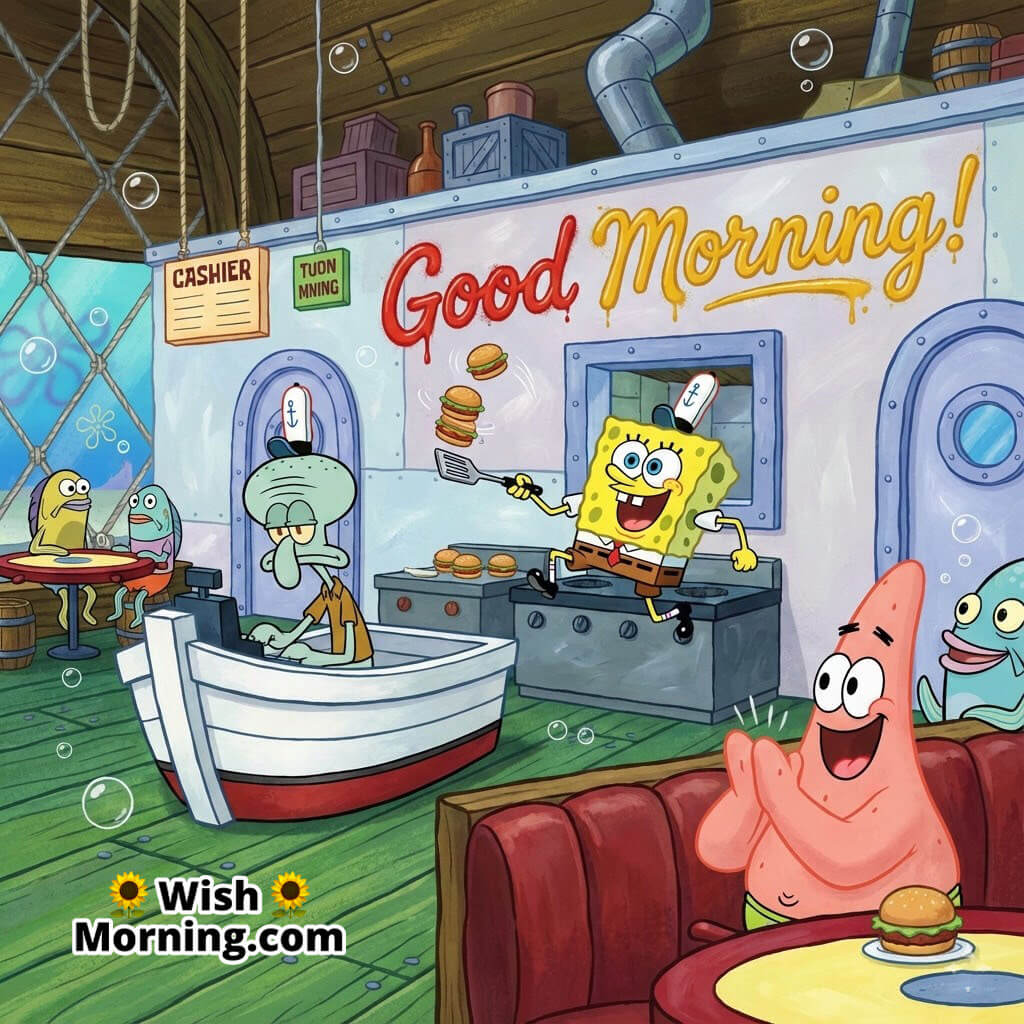 Good Morning Krusty Krab Fun with SpongeBob flipping patties in the kitchen, Patrick clapping from a booth, and Squidward rolling his eyes at the counter during a joyful workday.