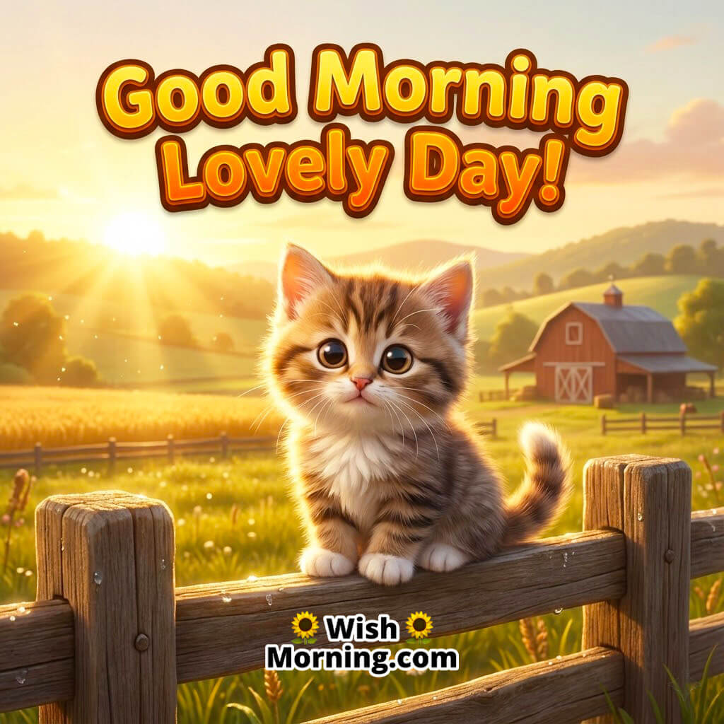Good Morning Lovely Day featuring a cute farm kitten sitting on a wooden fence in soft morning glow, symbolizing warmth and brightness.