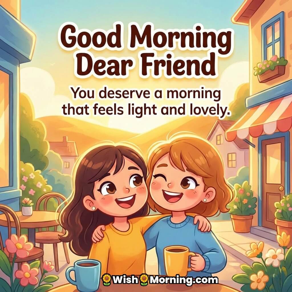 Good Morning Lovely Message for Dear Friend image featuring close friends sitting together with coffee in a peaceful street café, symbolising care affection and gentle morning vibes.