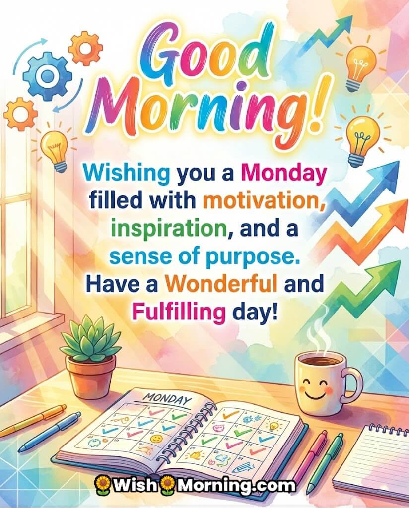 Good Morning Monday Wish Image for Motivation and Purpose, featuring a Monday planner with growth arrows, lightbulb icons, and a smiling coffee cup, symbolising progress and purpose.