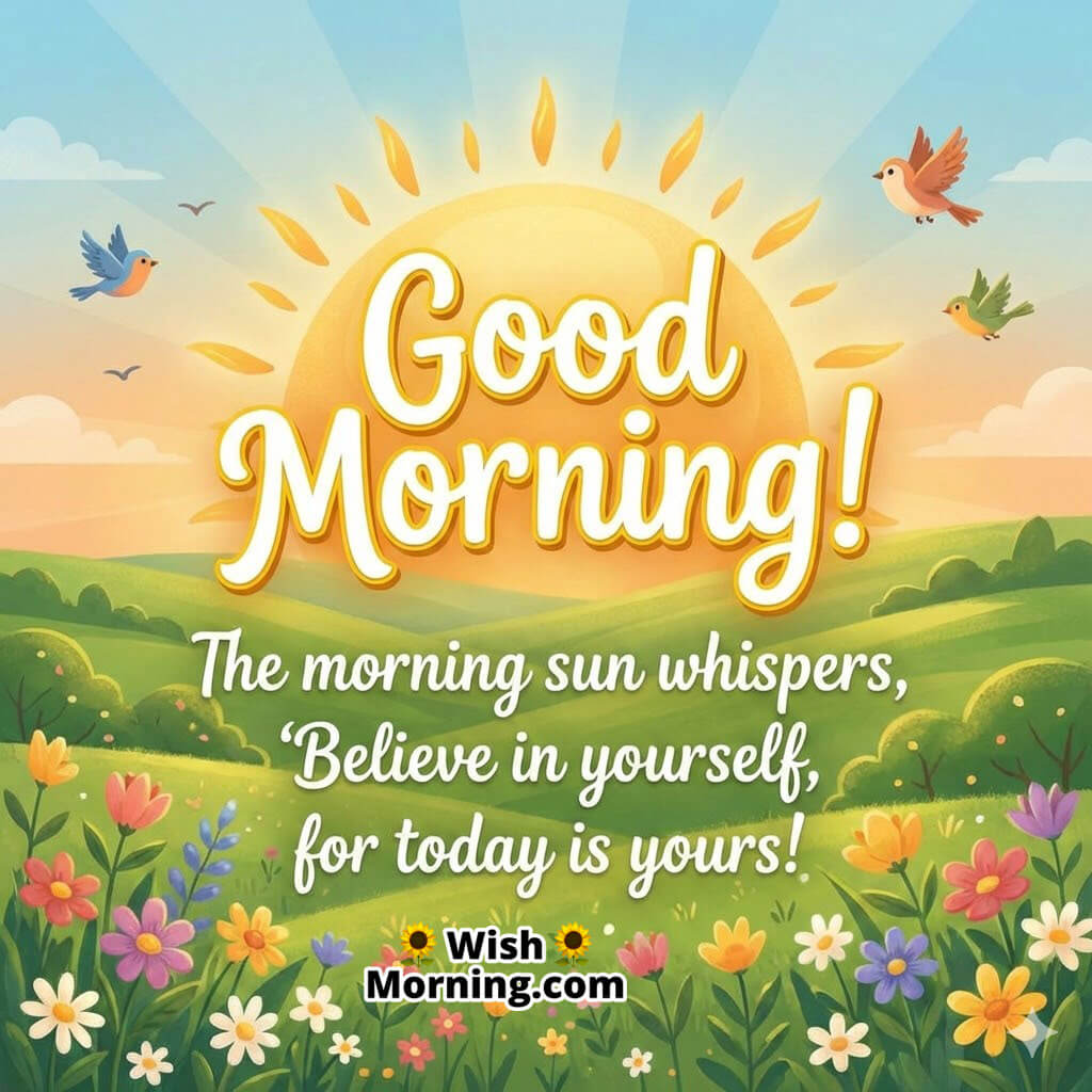 Good Morning Motivational Message image featuring a golden sunrise over rolling hills with birds and flowers, symbolizing confidence self belief and fresh morning inspiration.