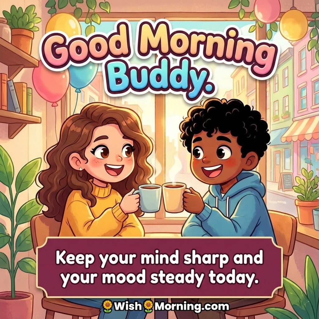 Good Morning Motivational Message for Buddy image featuring friends holding coffee cups indoors with balloons and plants, symbolising focus positivity and steady mindset.