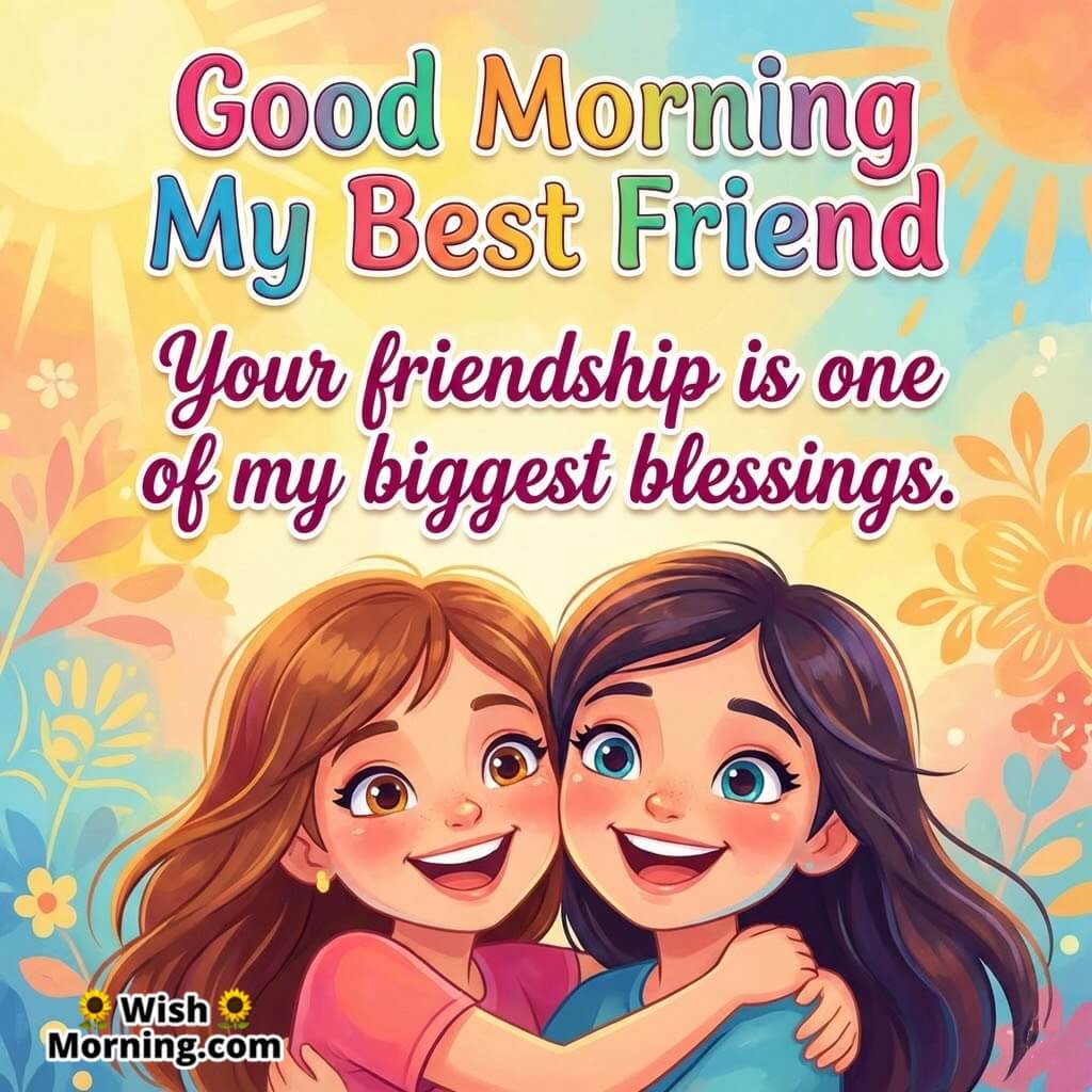 Good Morning My Best Friend image featuring two happy friends hugging in a bright cartoon style, symbolizing love gratitude and deep friendship.