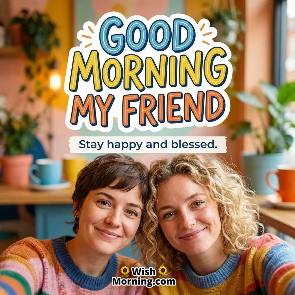 Good Morning My Friend image featuring two smiling friends taking a selfie indoors with warm colours, symbolizing happiness blessings and togetherness.