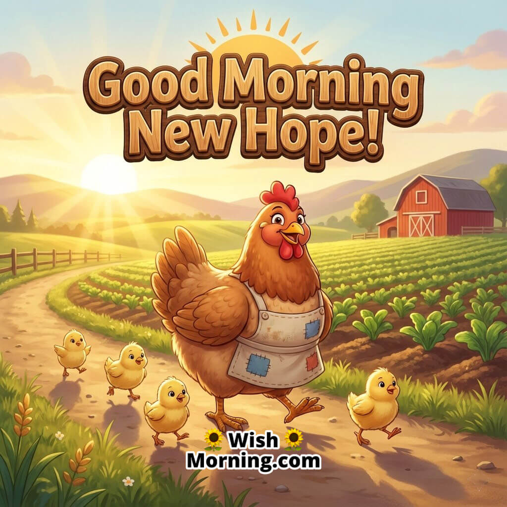 Good Morning New Hope featuring a mother hen walking with chicks near a farm field at sunrise, symbolizing family care and fresh starts.