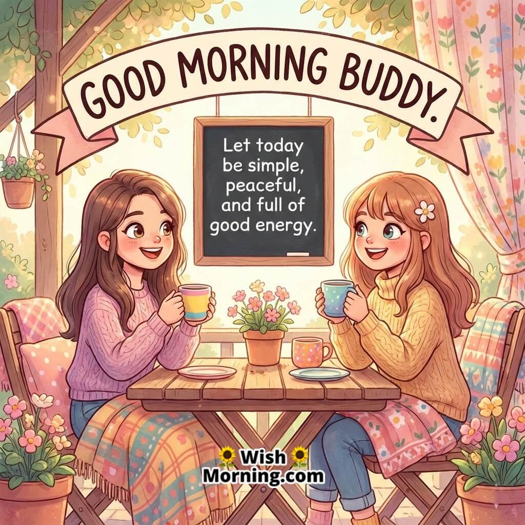 Good Morning Peaceful Message for Buddy image featuring two friends enjoying tea at a cosy café with plants and warm décor, symbolising calm energy and relaxed vibes.