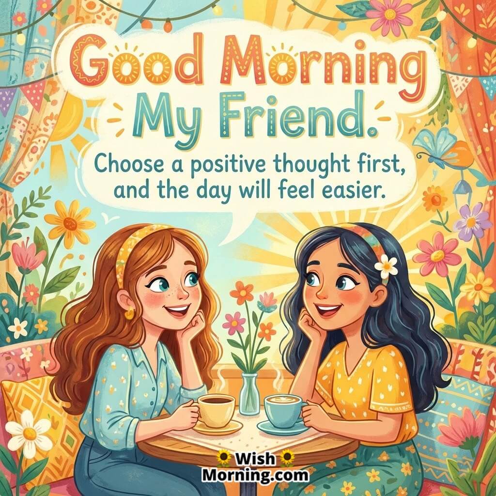 Good Morning Positive Thought Message for Friend image featuring two friends chatting over tea in a colourful floral setting, symbolising optimism friendship and a cheerful start.