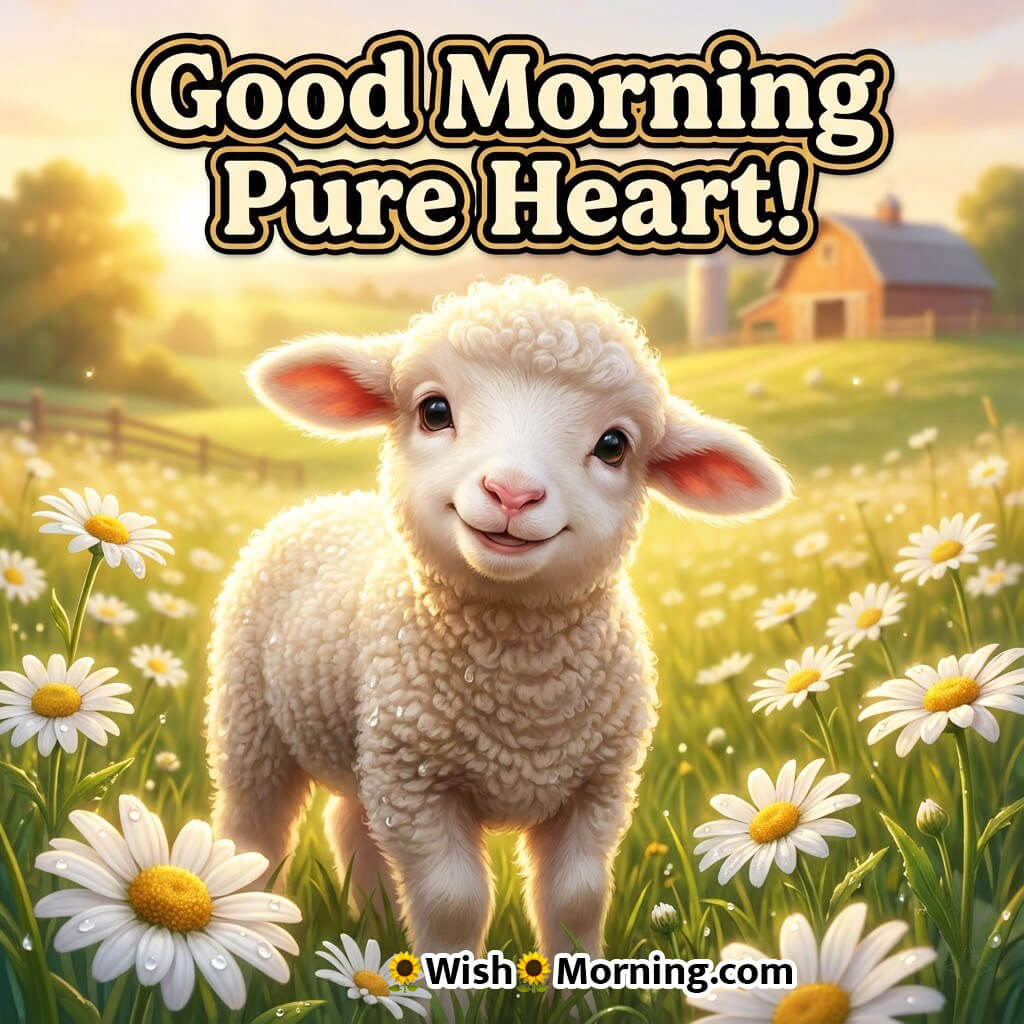 Good Morning Pure Heart featuring a fluffy lamb among daisies in soft sunrise light, symbolizing innocence and beauty.