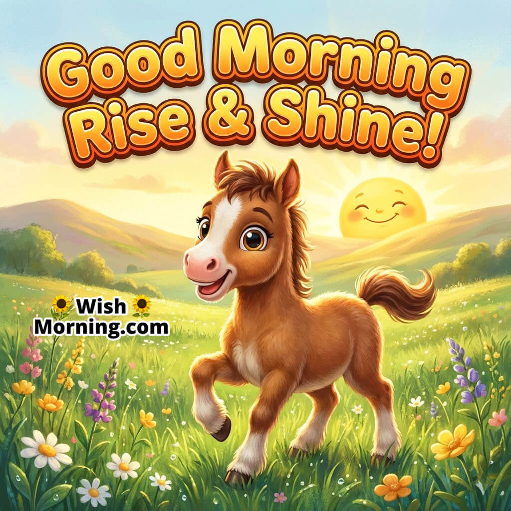 Good Morning Rise and Shine featuring a baby horse standing in a green field with sunrise light, symbolizing hope and new beginnings.