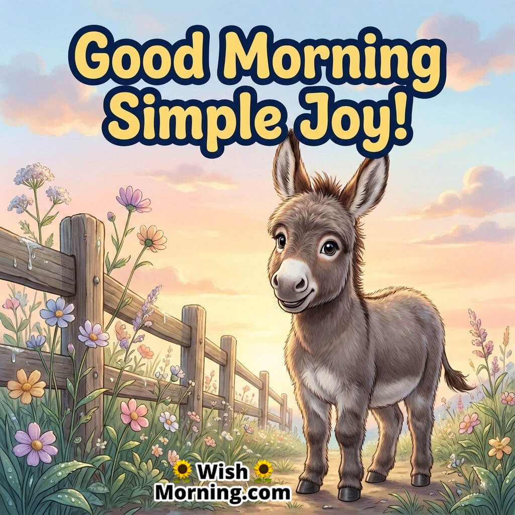 Good Morning Simple Joy featuring a baby donkey standing near a wooden fence at sunrise, symbolizing simplicity and a peaceful morning mood.