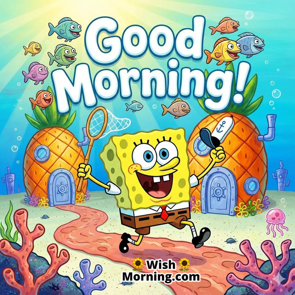 Good Morning SpongeBob Adventure Begins featuring SpongeBob stepping outside with his net and hat, ready to explore the day with joyful energy in Bikini Bottom.