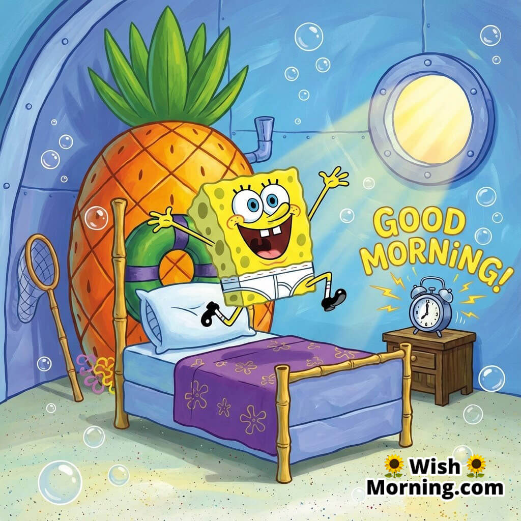 Good Morning SpongeBob Bedroom Joy showing SpongeBob jumping excitedly out of bed as his alarm rings and bubbles float inside his cheerful pineapple room.