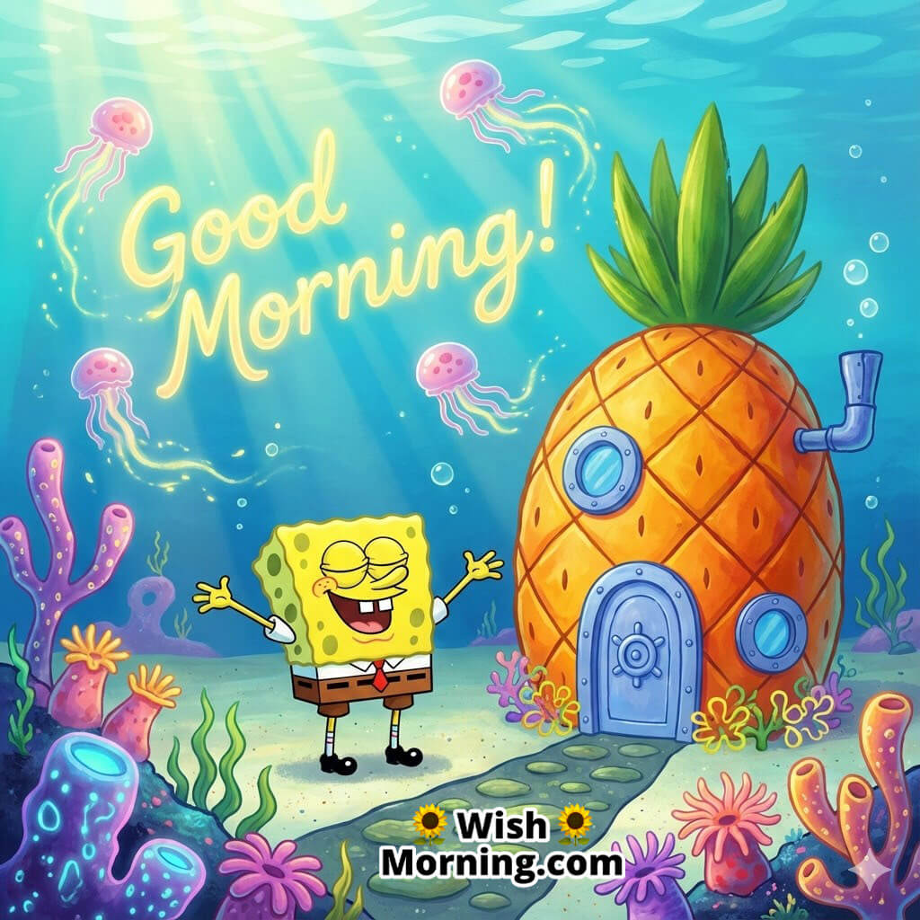 Good Morning SpongeBob Grateful Moment showing SpongeBob standing joyfully outside his pineapple home, arms outstretched with morning sunlight beaming through Bikini Bottom.