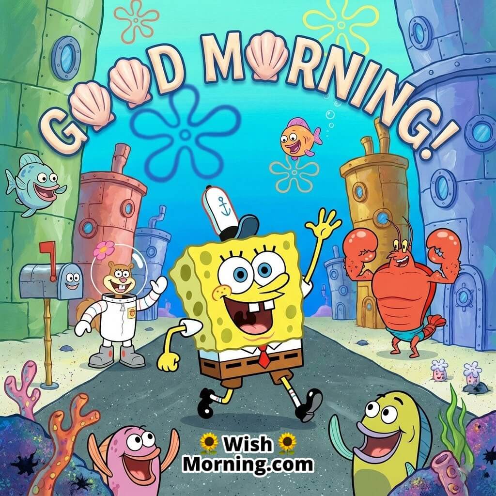 Good Morning SpongeBob Walk to Work with SpongeBob waving happily to Bikini Bottom friends while heading to the Krusty Krab through a colorful coral street.