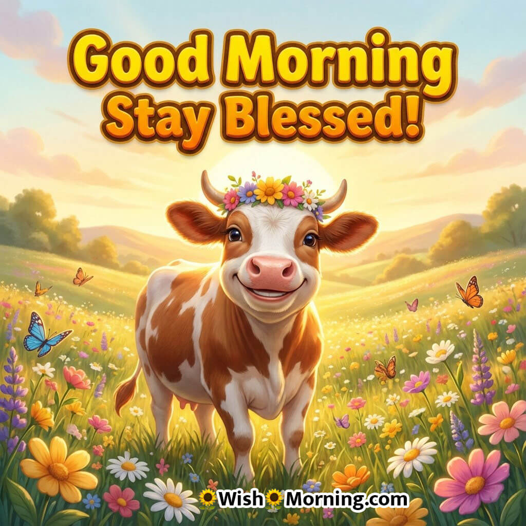Good Morning Stay Blessed featuring a cow standing in a colourful field with warm sunlight, symbolizing peace and positive morning energy.