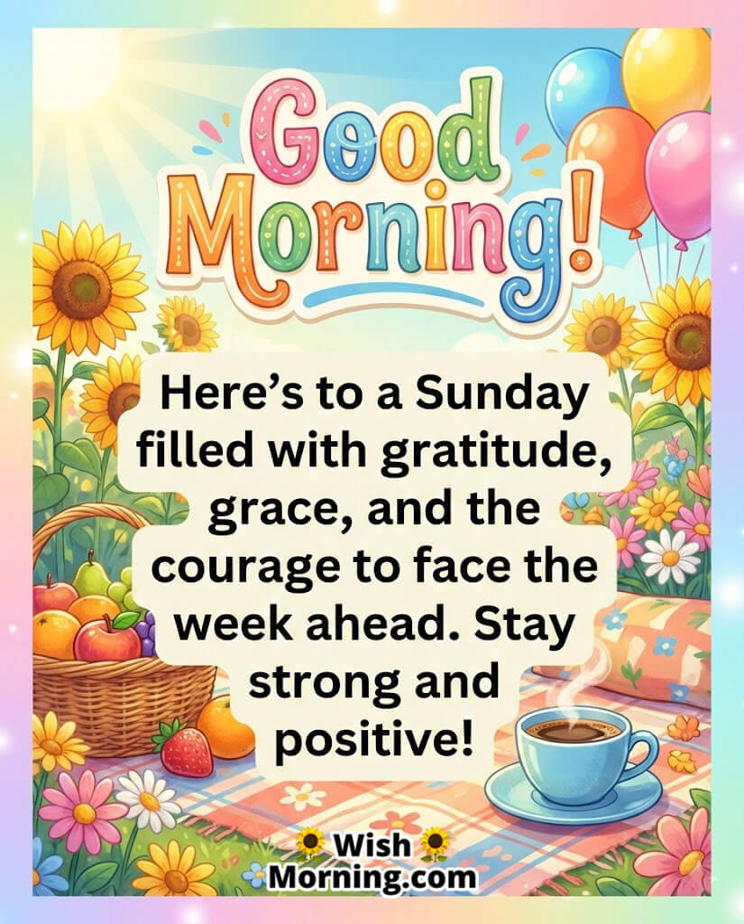 Good Morning Sunday image featuring a coffee cup, fruits, balloons, and sunflowers symbolizing positivity, courage, and a cheerful start to the day.