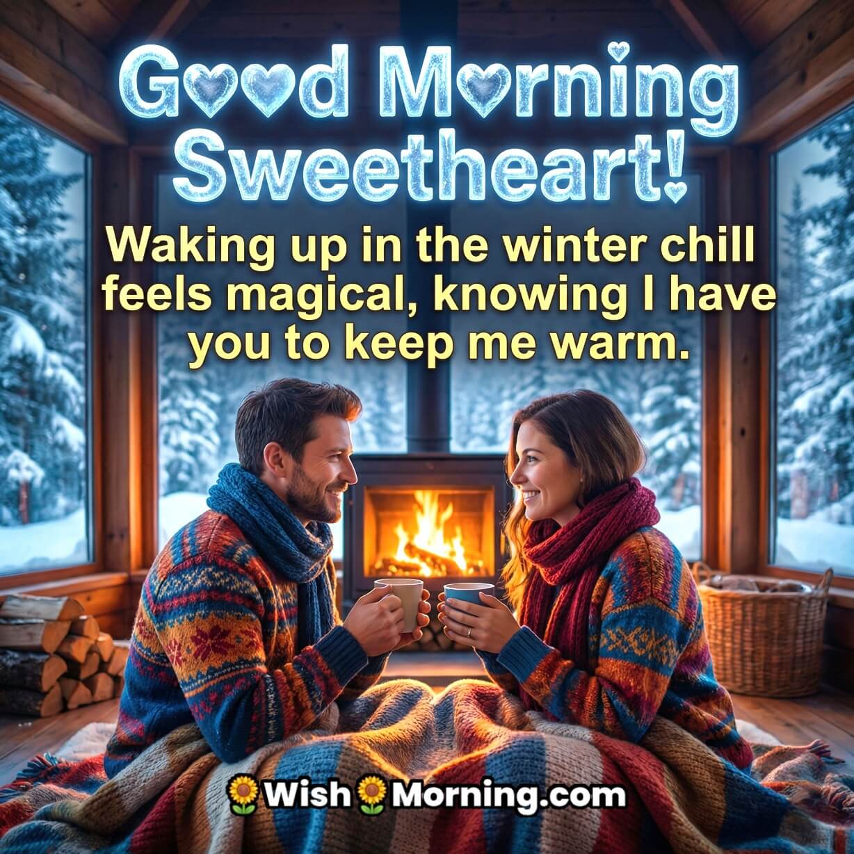 Good Morning Sweetheart Winter Romantic Message image featuring a couple sitting together with coffee near a fireplace in a snowy cabin, symbolising love warmth and togetherness.