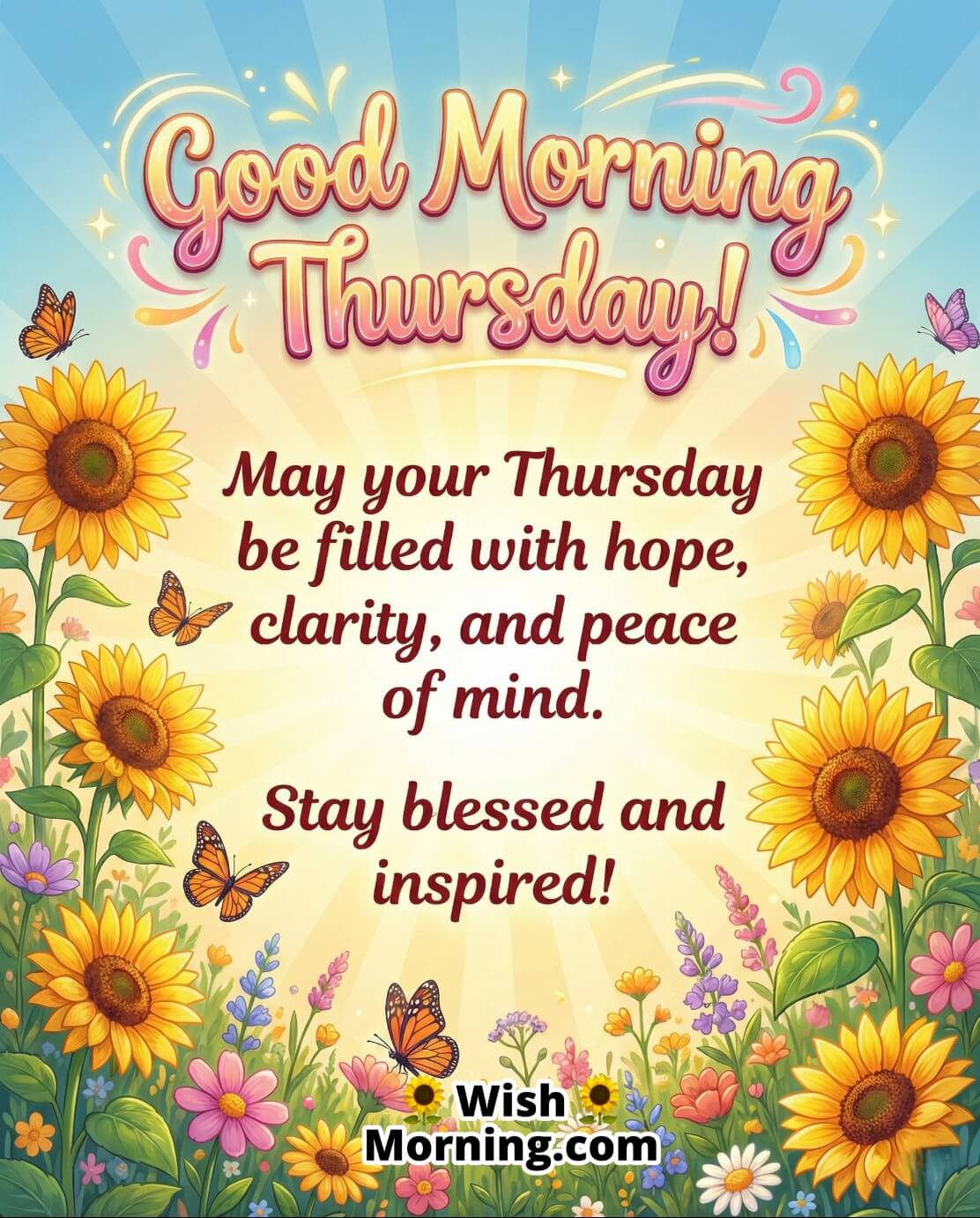Good Morning Thursday Blessings Image for Peace of Mind
Alt Text: Good Morning Thursday Blessings Image for Peace of Mind, featuring sunflowers, butterflies, soft sunrise glow, and a bright garden background, symbolising hope, calm thoughts, and uplifting energy.