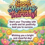 Good Morning Thursday Wish Image for a Bright Day, featuring a smiling sun, green hills, colourful flowers, and small birds under sunrise rays, symbolising cheerful vibes, positivity, and a happy start.