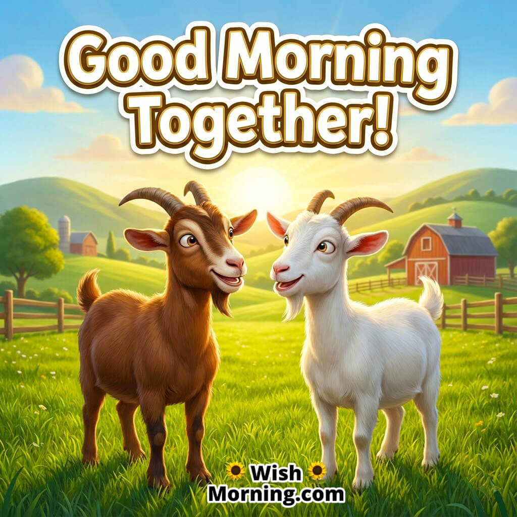 Good Morning Together featuring two goats standing in a bright farm field, symbolizing companionship and harmony.