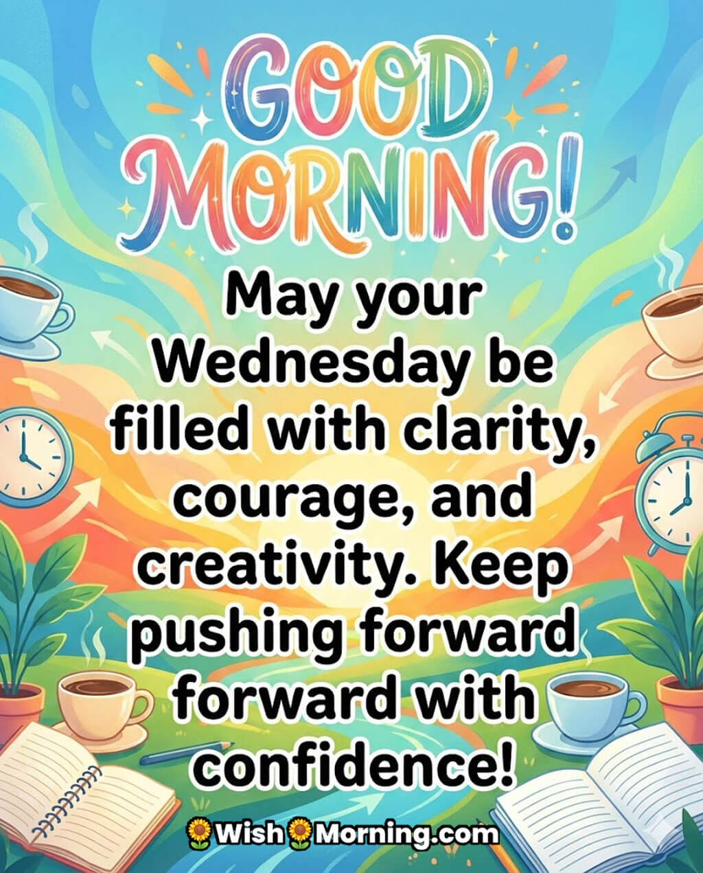 Good Morning Wednesday Wish Image for Clarity and Confidence, featuring coffee cups, clocks, and open notebooks with a sunrise glow, symbolising focus and steady progress.