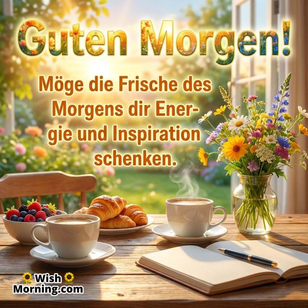 Guten Morgen Coffee Image with Fresh Morning Energy, showing a cozy breakfast table with coffee cups, croissants, flowers, and sunlight through a window, symbolising inspiration, comfort, and a refreshing start.