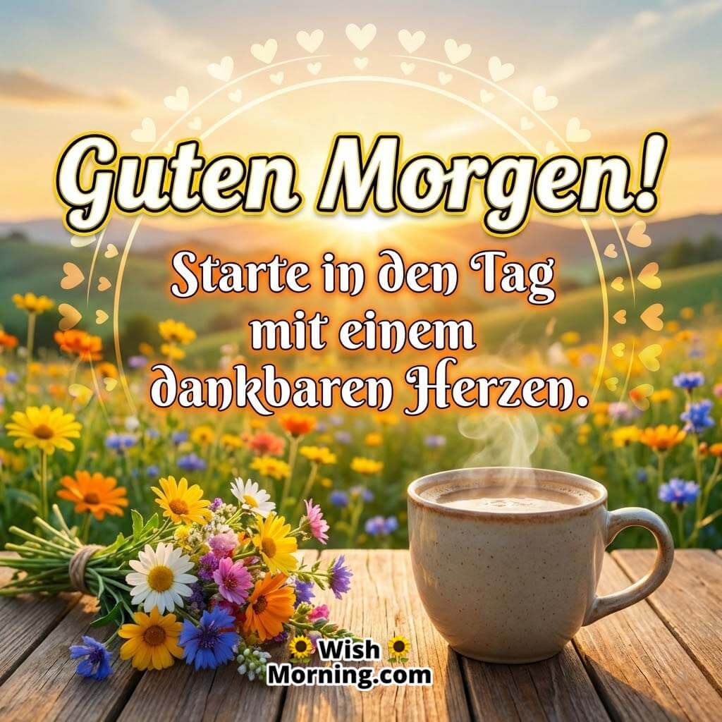 Guten Morgen Gratitude Message Image for a Thankful Heart, featuring a steaming coffee cup on a wooden table with blooming flowers and a golden sunrise, symbolising calmness, appreciation, and mindful mornings.