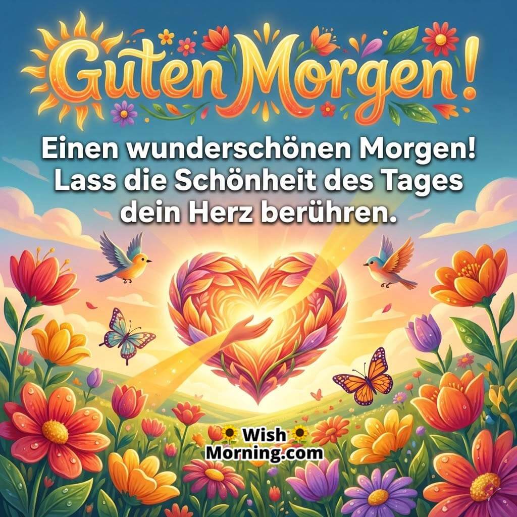 Guten Morgen Greeting Image with Heartfelt Morning Blessings, featuring a glowing heart at sunrise surrounded by flowers, butterflies, and birds, symbolising love, inner peace, and emotional warmth.