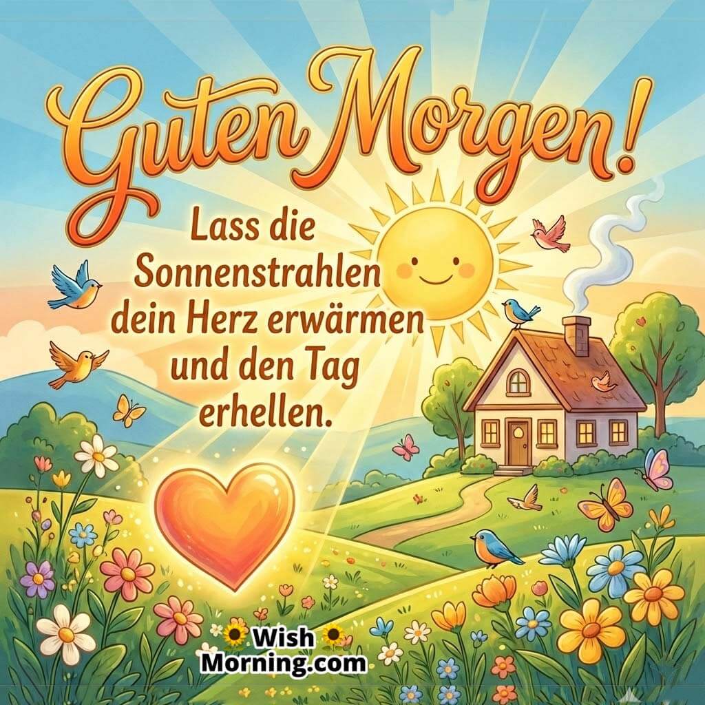 Guten Morgen Inspirational Image with Sunshine and Warm Wishes, showing a smiling sun, birds, flowers, and a cozy home scene, symbolising warmth, happiness, and emotional comfort.