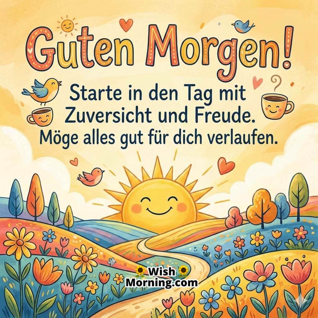 Guten Morgen Message Image with Positive Start and Smiling Sunrise, featuring a cheerful cartoon sun rising over colorful hills, flowers, birds, and warm pastel tones symbolising confidence, joy, and a happy beginning to the day.