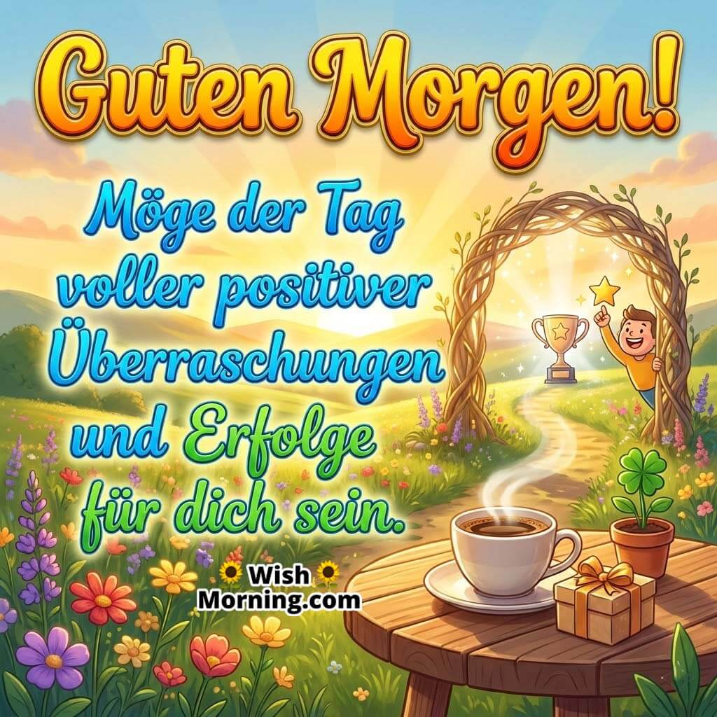 Guten Morgen Motivation Image for Positive Surprises and Success, illustrating a sunny garden path with a trophy, gift box, coffee cup, and bright flowers, symbolising achievement, optimism, and joyful opportunities.