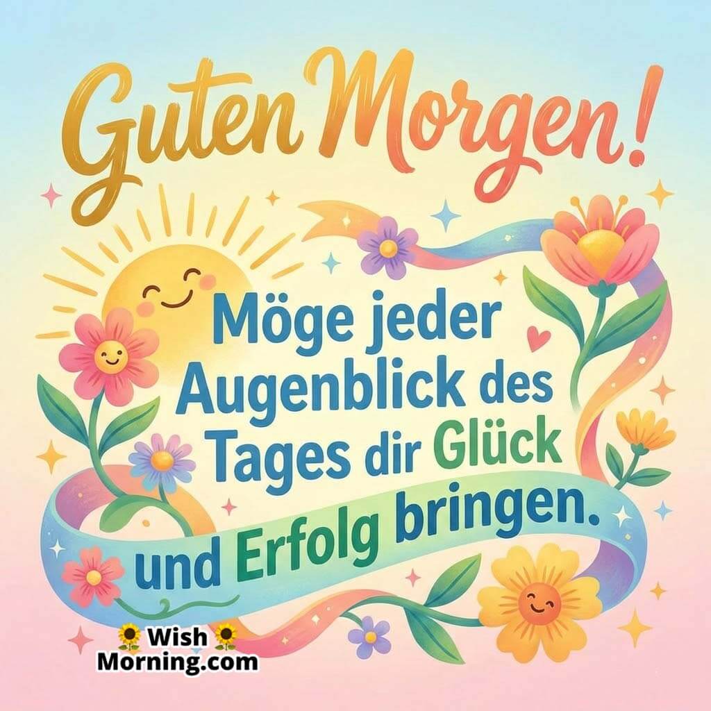 Guten Morgen Wishes Image for Happiness, Success, and Good Luck, showing bright flowers, a smiling sun, flowing ribbon elements, and soft morning colors representing hope, positivity, and joyful moments throughout the day.