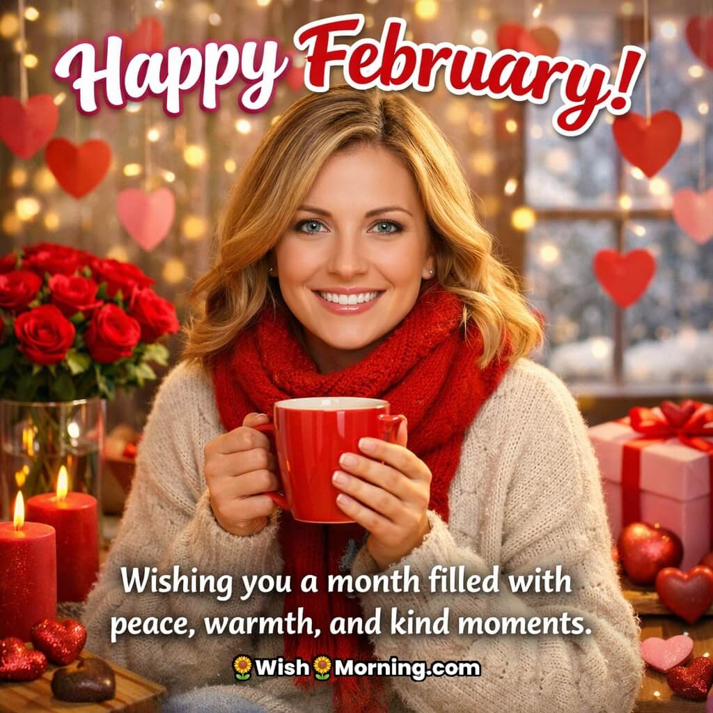 Happy February Cozy Morning Wish featuring a woman indoors with a red cup, soft lights, and heart décor, reflecting warmth, peace, and kind moments during February.