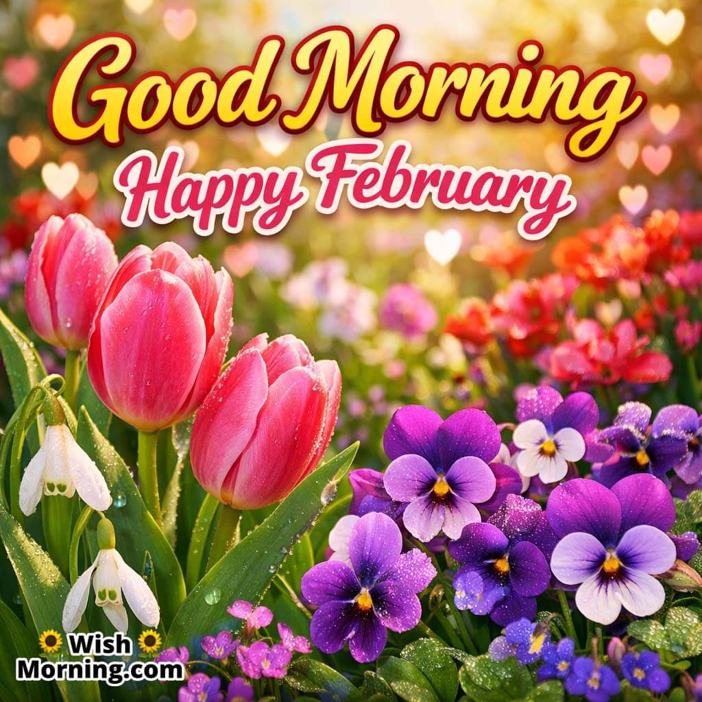 Happy February Morning Flowers Wish image featuring tulips and pansies in soft light, symbolising renewal, colour, and positive vibes.