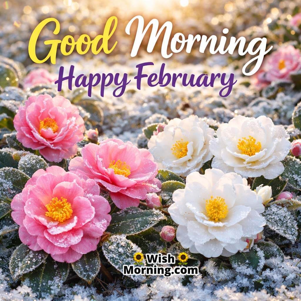 Happy February Morning Flowers image featuring pink and white blooms touched with frost, symbolising calm mornings and seasonal beauty.