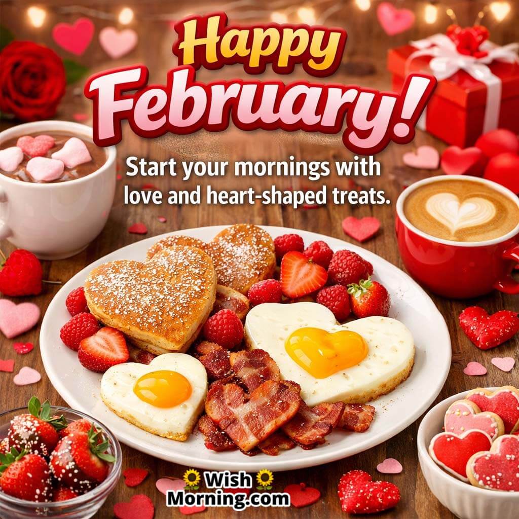 Happy February Morning With Love image featuring heart-shaped breakfast treats and coffee, symbolising warm and loving starts to the day.
