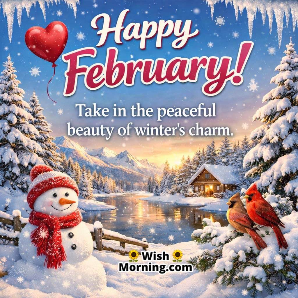 Happy February Winter Morning image featuring a snowman near a snowy lake and trees, symbolising peaceful winter joy.